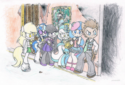Size: 2576x1748 | Tagged: safe, artist:pandan009, bon bon, derpy hooves, dj pon-3, doctor whooves, lyra heartstrings, octavia melody, sweetie drops, time turner, vinyl scratch, oc, oc:screwpine caprice, anthro, g4, background six, clothes, mansion, mystery, traditional art