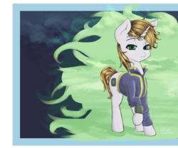 Size: 1024x853 | Tagged: safe, artist:novaquinmat, oc, oc only, oc:littlepip, pony, unicorn, fallout equestria, clothes, fanart, fanfic art, female, fire, green fire, horn, jumpsuit, looking at you, mare, pipbuck, solo, unicorn oc, vault suit