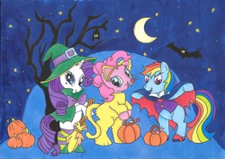 Size: 2335x1655 | Tagged: safe, artist:sugarplumtrees, pinkie pie, rainbow dash, rarity, bat, g4, clothes, costume, hat, moon, night, stars, traditional art, tree