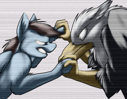 Size: 1279x997 | Tagged: safe, artist:foxenawolf, oc, oc only, oc:calm wind, oc:matteo, griffon, pegasus, pony, fanfic:piercing the heavens, eye contact, fanfic art, fight, fluffy, glare, gritted teeth, pegasus posse, unshorn fetlocks