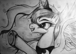 Size: 2066x1454 | Tagged: safe, artist:tomek2289, princess luna, g4, female, monochrome, solo, traditional art