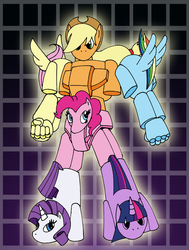 Size: 641x850 | Tagged: safe, artist:combatkaiser, applejack, fluttershy, pinkie pie, rainbow dash, rarity, twilight sparkle, robot, g4, combination, combiner, crossover, gestalt, mane six, monstructor, transformers