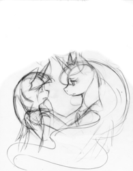 Size: 1500x1922 | Tagged: safe, artist:boastudio, artist:rmzero, princess luna, twilight sparkle, alicorn, pony, g4, alternate universe, crying, eye contact, fanfic art, female, grayscale, hug, mare, maternaluna, monochrome, mother and daughter, offspring, open mouth, parent:king sombra, parent:princess luna, parents:lumbra, shock, shocked, sketch, sketch dump, twilight sparkle (alicorn), wide eyes