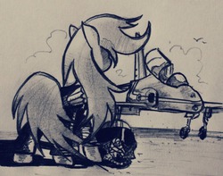 Size: 739x583 | Tagged: safe, artist:dori-to, artist:the sexy assistant, edit, rainbow dash, pegasus, pony, g4, female, hawk t2, helmet, mare, messy mane, pencil drawing, plane, red arrows, redraw, runway, traditional art