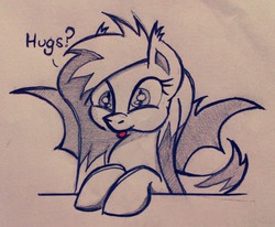 Size: 839x693 | Tagged: safe, artist:the sexy assistant, artist:zee66, edit, oc, oc only, bat pony, :p, bat pony oc, bat wings, cute, dialogue, ear fluff, hug request, looking at you, pencil drawing, puffy cheeks, redraw, smiling, solo, spread wings, tongue out, traditional art, wings