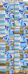 Size: 1282x3304 | Tagged: safe, cheerilee, derpy hooves, fluttershy, minuette, rainbow dash, scootaloo, spitfire, earth pony, pegasus, pony, unicorn, comic:celestia's servant interview, g4, basket, caption, comic, female, interview, mare, toothbrush