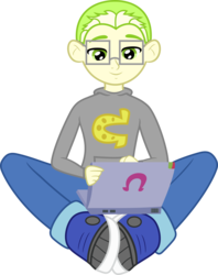 Size: 4000x5058 | Tagged: safe, artist:ragerer, oc, oc only, oc:syntax error, equestria girls, g4, .svg available, absurd resolution, clothes, computer, glasses, hoodie, laptop computer, shoes, simple background, smiling, solo, transparent background, vector, wondercolts