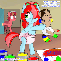 Size: 991x991 | Tagged: safe, artist:robbieftt, oc, oc only, oc:chocopuff, oc:easel palette, oc:nene faberge, pony, :o, angry, bipedal, caught, colt, diaper, diaper fetish, eyes closed, female, freckles, gif, hair over one eye, happy, holding a pony, hoof hold, male, mare, non-animated gif, non-baby in diaper, open mouth, paint, paint on fur, painting, poofy diaper, shocked, smiling, wide eyes