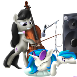 Size: 2500x2500 | Tagged: safe, artist:awalex, dj pon-3, octavia melody, vinyl scratch, earth pony, pony, unicorn, g4, cello, duo, duo female, female, high res, mare, microphone, musical instrument, simple background, speaker, transparent background