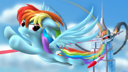 Size: 2560x1440 | Tagged: safe, artist:awalex, rainbow dash, .mov, swag.mov, g4, flying, pony.mov, r-dash 5000, rocket, skyscraper