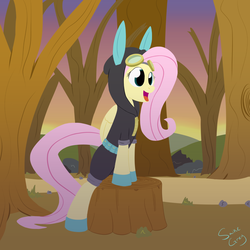 Size: 1280x1280 | Tagged: safe, artist:saine grey, fluttershy, pegasus, pony, g4, autumn, bunny ears, clothes, costume, dangerous mission outfit, female, goggles, hoodie, mare, mlpgdraws, open mouth, smiling, solo