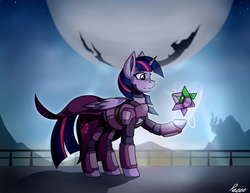 Size: 2850x2200 | Tagged: safe, artist:whitepone, spike, twilight sparkle, alicorn, pony, g4, armor, blushing, cape, clothes, destiny, destiny (video game), dinklebot, female, ghost (destiny), high res, mare, twilight sparkle (alicorn), warlock (destiny)