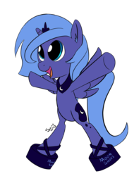 Size: 910x1200 | Tagged: safe, artist:saine grey, princess luna, alicorn, pony, g4, bipedal, cute, female, filly, moon shoes, simple background, solo, woona
