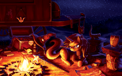 Size: 1920x1200 | Tagged: dead source, safe, artist:kasdraws, trixie, pony, unicorn, g4, book, campfire, female, fire, mare, night, painting, solo, stars, trixie's wagon