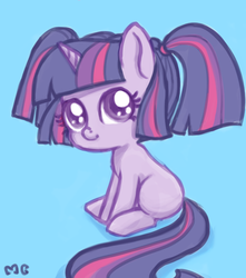 Size: 718x812 | Tagged: safe, artist:mcponyponypony, twilight sparkle, g4, alternate hairstyle, blank flank, blue background, cute, female, filly, filly twilight sparkle, pigtails, simple background, solo, twiabetes, weapons-grade cute, younger