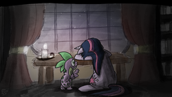 Size: 2400x1350 | Tagged: safe, artist:dragonwolfrooke, spike, twilight sparkle, dragon, pony, unicorn, g4, 4everfreebrony, candle, concerned, depression, duo, duo male and female, female, male, mare, prehensile tail, table, tail, tail hold, unicorn twilight, window