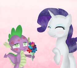 Size: 900x800 | Tagged: safe, artist:chanceyb, rarity, spike, dragon, pony, unicorn, g4, blushing, bouquet, eyes closed, female, flower, kiss mark, male, ship:sparity, shipping, smiling, straight