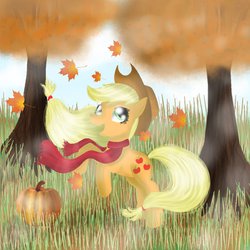 Size: 894x894 | Tagged: safe, artist:chanceyb, applejack, earth pony, pony, g4, autumn, autumn leaves, clothes, female, field, grass, grass field, leaves, pumpkin, rearing, scarf, smiling, solo, standing, tree