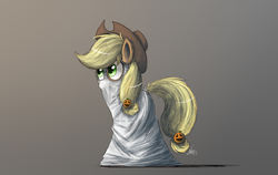 Size: 2000x1261 | Tagged: safe, artist:ncmares, applejack, g4, 2spooky, bedsheet ghost, clothes, costume, female, ghost costume, halloween, halloween costume, simple background, solo