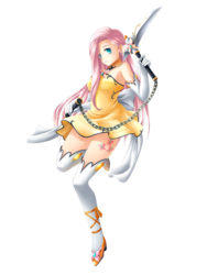 Size: 922x1229 | Tagged: safe, artist:yatonokami, fluttershy, human, g4, clothes, commission, dress, evening gloves, fantasy class, female, humanized, kusarigama, looking at you, simple background, smiling, socks, solo, thigh highs, transparent background, weapon