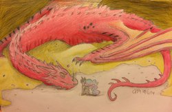 Size: 900x586 | Tagged: safe, artist:fallenangel5414, princess celestia, alicorn, dragon, pony, fanfic:the greatest treasure, g4, colored pencil drawing, crossover, dragon hoard, duo, ethereal mane, fanfic art, female, gold, hoard, male, mare, smaug the golden, the hobbit, traditional art, treasure
