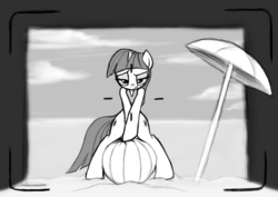 Size: 1862x1320 | Tagged: artist needed, safe, twilight sparkle, pony, unicorn, g4, /mlp/, beach, beach ball, beach umbrella, bedroom eyes, bipedal, bipedal leaning, black and white, both cutie marks, camera, camera shot, clothes, female, grayscale, leaning, lidded eyes, looking at you, mare, monochrome, one-piece swimsuit, photo, sand, sexy, smiling, solo, stupid sexy twilight, swimsuit, twilight's photo shoot, umbrella, unicorn twilight