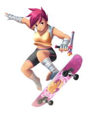 Size: 922x1229 | Tagged: safe, artist:yatonokami, scootaloo, human, g4, athletic tape, barefoot, belly button, clothes, commission, fantasy class, feet, female, foot wraps, hand wraps, humanized, leg wraps, midriff, simple background, skateboard, solo, tank top, toes, tonfa, transparent background, weapon