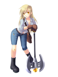 Size: 922x1229 | Tagged: safe, artist:yatonokami, derpy hooves, doctor whooves, time turner, human, g4, alternative cutie mark placement, axe, battle axe, boobie mark, cleavage, clothes, commission, cutie mark, epic derpy, fantasy class, female, humanized, midriff, simple background, solo, transparent background, underp, weapon
