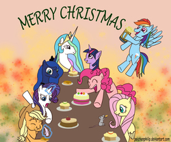 Size: 1920x1600 | Tagged: safe, artist:peichenphilip, applejack, fluttershy, pinkie pie, princess celestia, princess luna, rainbow dash, rarity, twilight sparkle, mouse, g4, cake, christmas, cider, mane six