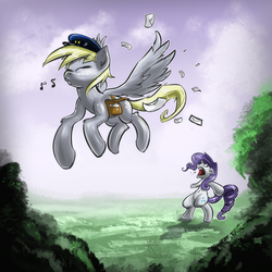 Size: 1200x1200 | Tagged: safe, artist:azzy-cola, derpy hooves, rarity, pegasus, pony, g4, female, mailmare, mare