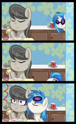 Size: 914x1498 | Tagged: safe, artist:derpsonhooves, dj pon-3, octavia melody, vinyl scratch, g4, comic, eating, female, lesbian, licking, ship:scratchtavia, shipping