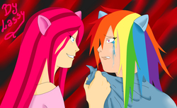 Size: 2102x1283 | Tagged: safe, artist:lassy-ruaf-ruaf, pinkie pie, rainbow dash, human, g4, humanized, pinkamena diane pie