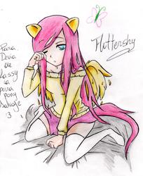 Size: 1606x1970 | Tagged: safe, artist:lassy-ruaf-ruaf, fluttershy, human, g4, eared humanization, female, humanized, solo, spanish, tailed humanization, winged humanization