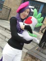 Size: 471x631 | Tagged: safe, artist:vivid-dreamer-kimiko, rarity, spike, human, g4, cosplay, irl, irl human, photo, plushie, spike plushie