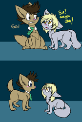 Size: 1024x1521 | Tagged: safe, artist:lonely-galaxies, derpy hooves, doctor whooves, time turner, cat, g4, :o, blushing, comic, eye contact, floppy ears, gritted teeth, species swap, surprised, wide eyes