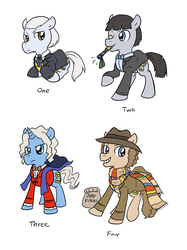 Size: 1195x1600 | Tagged: safe, artist:blueskirby, doctor whooves, time turner, earth pony, pony, unicorn, g4, crossover, doctor who, first doctor, fourth doctor, ponified, second doctor, the doctor, third doctor