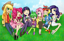 Size: 1000x640 | Tagged: safe, artist:yiji, applejack, fluttershy, pinkie pie, rainbow dash, rarity, spike, twilight sparkle, human, g4, clothes, humanized, ice cream, mane six, sweater dress, sweatershy