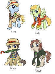 Size: 1195x1600 | Tagged: safe, artist:blueskirby, doctor whooves, time turner, earth pony, pegasus, pony, g4, celery, clothes, cravat, doctor who, eighth doctor, fifth doctor, frock coat, jumper, necktie, panama hat, ponified, safari jacket, scarf, seventh doctor, shirt, sixth doctor, the doctor, umbrella, waistcoat