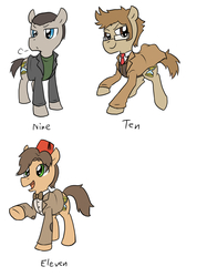 Size: 1195x1600 | Tagged: safe, artist:blueskirby, doctor whooves, time turner, pony, g4, blazer, bowtie, clothes, crossover, doctor who, eleventh doctor, fez, hat, jumper, leather, necktie, ninth doctor, overcoat, peacoat, ponified, shirt, tenth doctor, the doctor, tweed