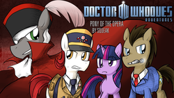 Size: 1920x1080 | Tagged: safe, artist:blueskirby, doctor whooves, time turner, twilight sparkle, oc, oc:dorian mode, oc:dreary kazoo, g4, clockwork, clothes, cover, doctor who, doctor whooves adventures, mouth hold, necktie, phantom of the opera, sonic screwdriver, suit, the doctor