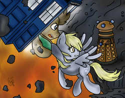 Size: 2300x1800 | Tagged: safe, artist:flamepsycho013, derpy hooves, doctor whooves, time turner, pegasus, pony, g4, dalek, doctor who, female, mare, tardis, the doctor