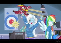 Size: 3507x2480 | Tagged: safe, artist:jenyeongi, rainbow dash, trixie, equestria girls, g4, guitar centered, my little pony equestria girls: rainbow rocks, guitar, high res, ponied up, scene interpretation