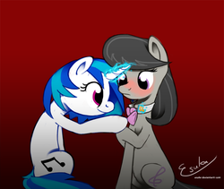 Size: 1000x844 | Tagged: safe, artist:esuka, dj pon-3, octavia melody, vinyl scratch, g4, blushing, female, lesbian, ship:scratchtavia, shipping