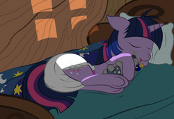 Size: 1200x820 | Tagged: safe, artist:lphooves, smarty pants, twilight sparkle, pony, unicorn, g4, adult foal, bed, bed mane, diaper, ears back, female, floppy ears, lying down, messy mane, non-baby in diaper, on side, pacifier, poofy diaper, sleeping, solo, unicorn twilight