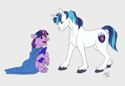 Size: 1119x771 | Tagged: safe, artist:carnivorouscaribou, shining armor, twilight sparkle, pony, unicorn, g4, blanket, brother and sister, cape, clothes, colt, duo, female, filly, filly twilight sparkle, hat, male, unicorn twilight, younger