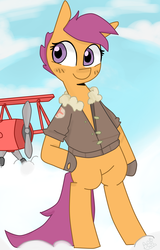 Size: 2017x3147 | Tagged: safe, artist:meowing-ghost, scootaloo, pony, g4, bipedal, bomber jacket, clothes, cloud, cloudy, female, high res, jacket, pilot, plane, solo