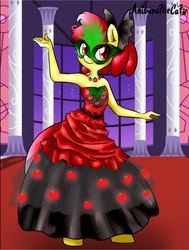 Size: 1284x1700 | Tagged: safe, artist:anibaruthecat, apple bloom, masquerade, earth pony, anthro, g4, armpits, clothes, costume, dress, female, mask, masquerade mask, solo
