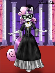 Size: 1284x1700 | Tagged: safe, artist:anibaruthecat, masquerade, sweetie belle, anthro, g4, clothes, costume, dress, female, mask, masquerade mask, solo