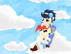 Size: 1024x768 | Tagged: safe, artist:dashie112, rainbow dash, soarin', human, g4, chibi, cloud, cloudy, female, humanized, male, ship:soarindash, shipping, straight