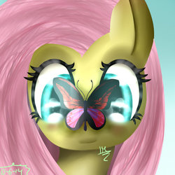Size: 600x600 | Tagged: safe, artist:juniormintotter, fluttershy, butterfly, g4, butterfly on nose, female, insect on nose, solo